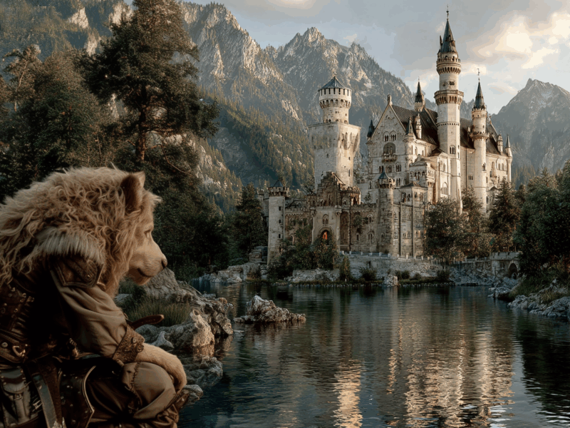 Lion like being with human form overlooking a lake and a castle in the distance.